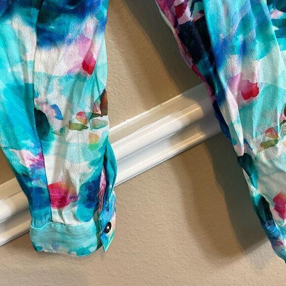 Soft Surroundings Women Top Sz L Blouse Button Up Watercolor Modern Blue Pink R3 - Picture 10 of 12